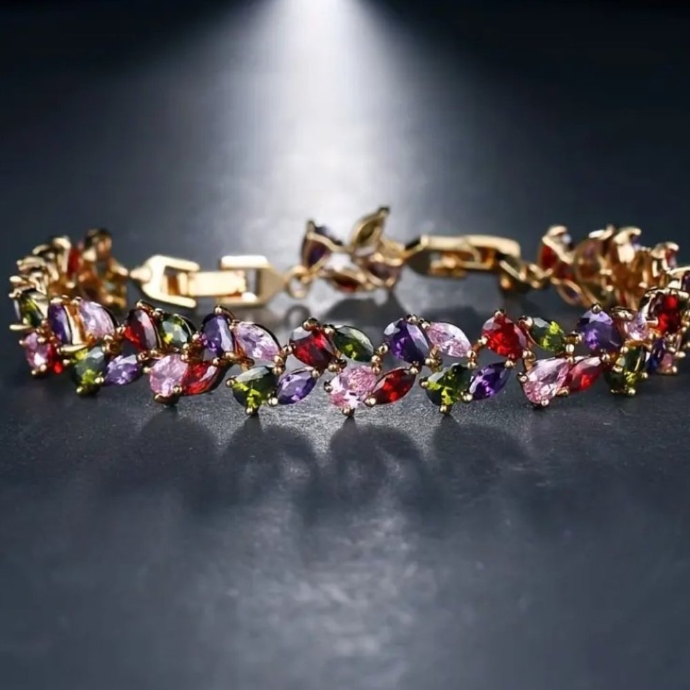 18K Gold Plated Rainbow Zircon Tennis Bracelet Colorful Crystal Link 8.27"